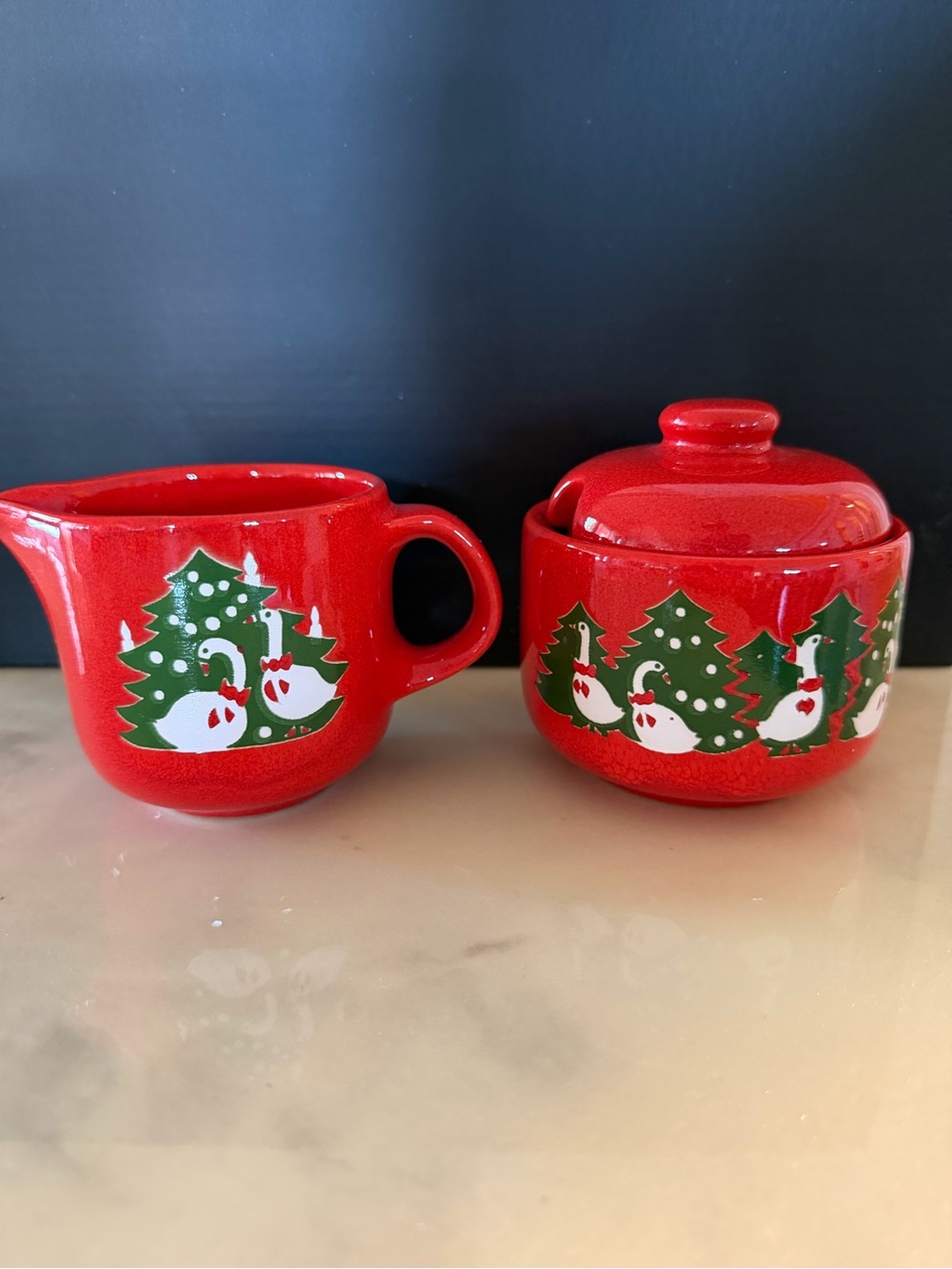 Vintage Waechtersbach Christmas Geese Creamer & Sugar Bowl Germany